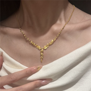 古法沙金錾刻流苏金枝玉叶麦穗项链女仿真黄金色复古结婚四金首饰