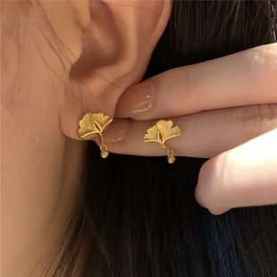 仿真黄金纹理拉丝银杏叶耳钉女不掉色轻奢高级耳环小众耳坠耳饰品