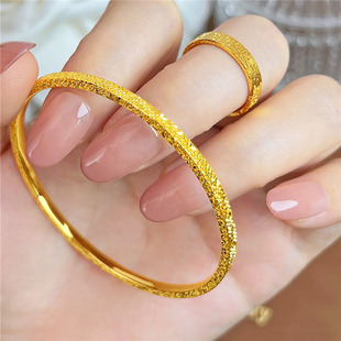 古法沙金细版爆闪三面碎碎冰黄金色手镯女素圈实心叠戴满天星镯子