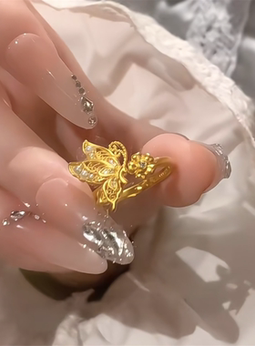 新中式金丝翎蝶开口可调节戒指女
