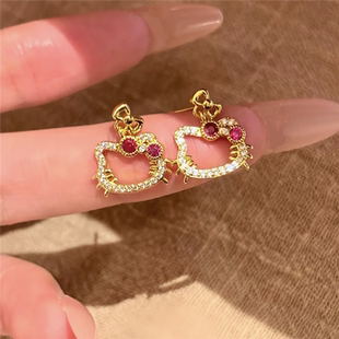 童趣满满少女心HelloKitty猫满钻点缀耳钉耳环女黄金色凯蒂猫耳饰