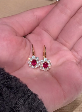 中古闪钻红雪花耳扣耳环女