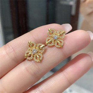 金店同款精致镶嵌满钻爆闪十字金刚杵耳钉女仿真黄金菱形耳环耳饰