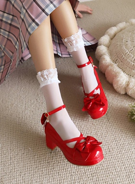 糖果色漆皮单鞋女大码434448圆头中跟玛丽珍鞋洛丽塔仙女JK制服鞋