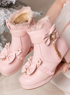 40-43大码甜美洛丽塔lo短靴女秋冬新款绒里短筒靴子女大童公主鞋