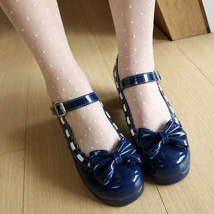 蓝色漆皮蝴蝶结高跟鞋cos鞋女大码434548圆头中跟一字带拼色鞋子