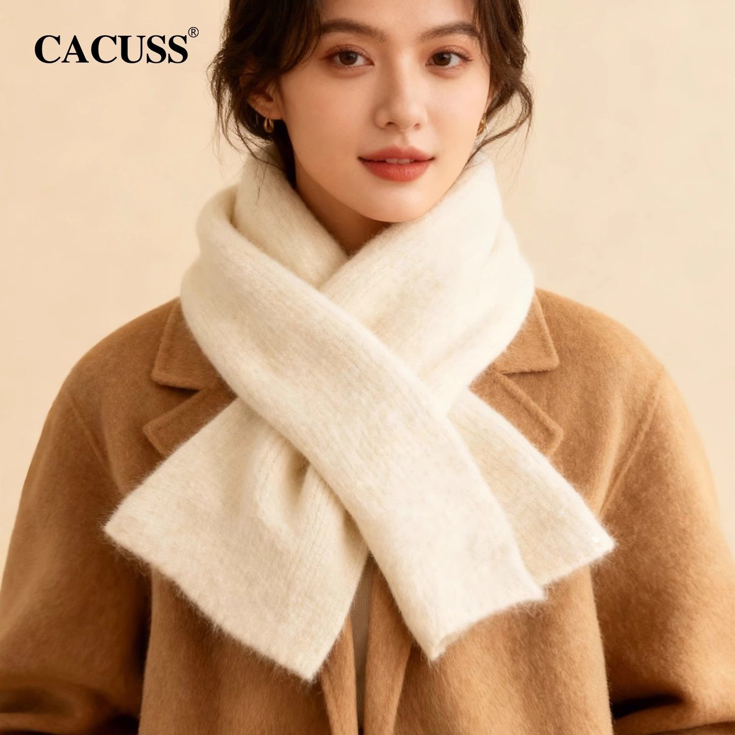 CACUSS秋冬羊毛围巾女新款时尚纯色保暖针织交叉围脖户外加厚防寒