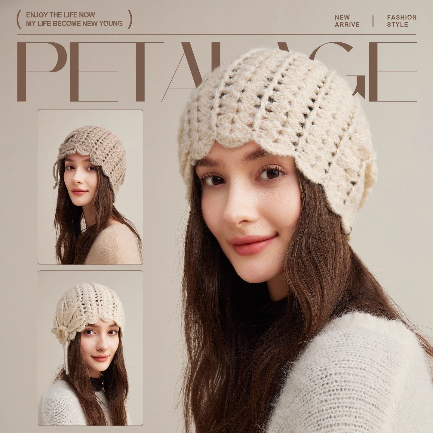 CACUSS钩花针织帽子女秋冬镂空毛线帽显脸小包头冷帽大头围套头帽