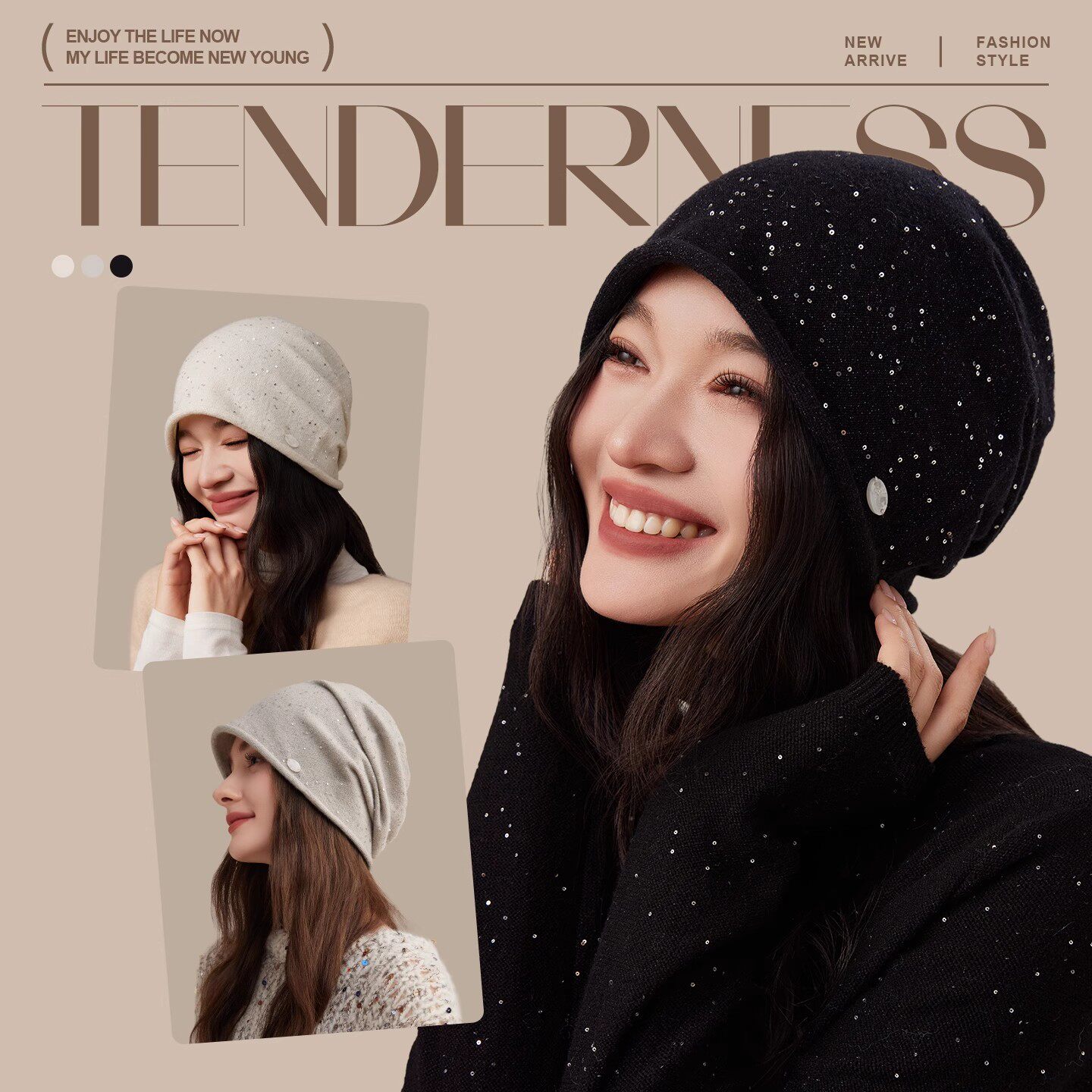 CACUSS帽子女秋季亮片堆堆帽薄款针织帽大头围毛线帽时尚包头冷帽