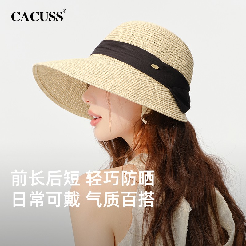 CACUSS甜美蝴蝶结草帽女春夏大帽檐可折叠太阳帽户外防晒遮阳帽子