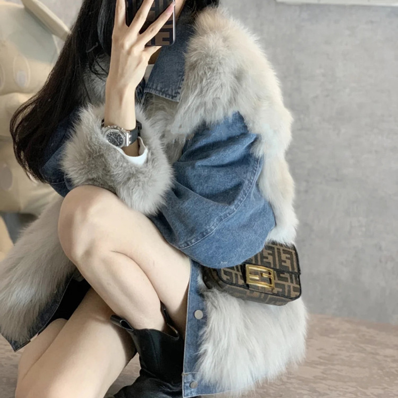 拼接牛仔仿狐狸毛秋冬新款