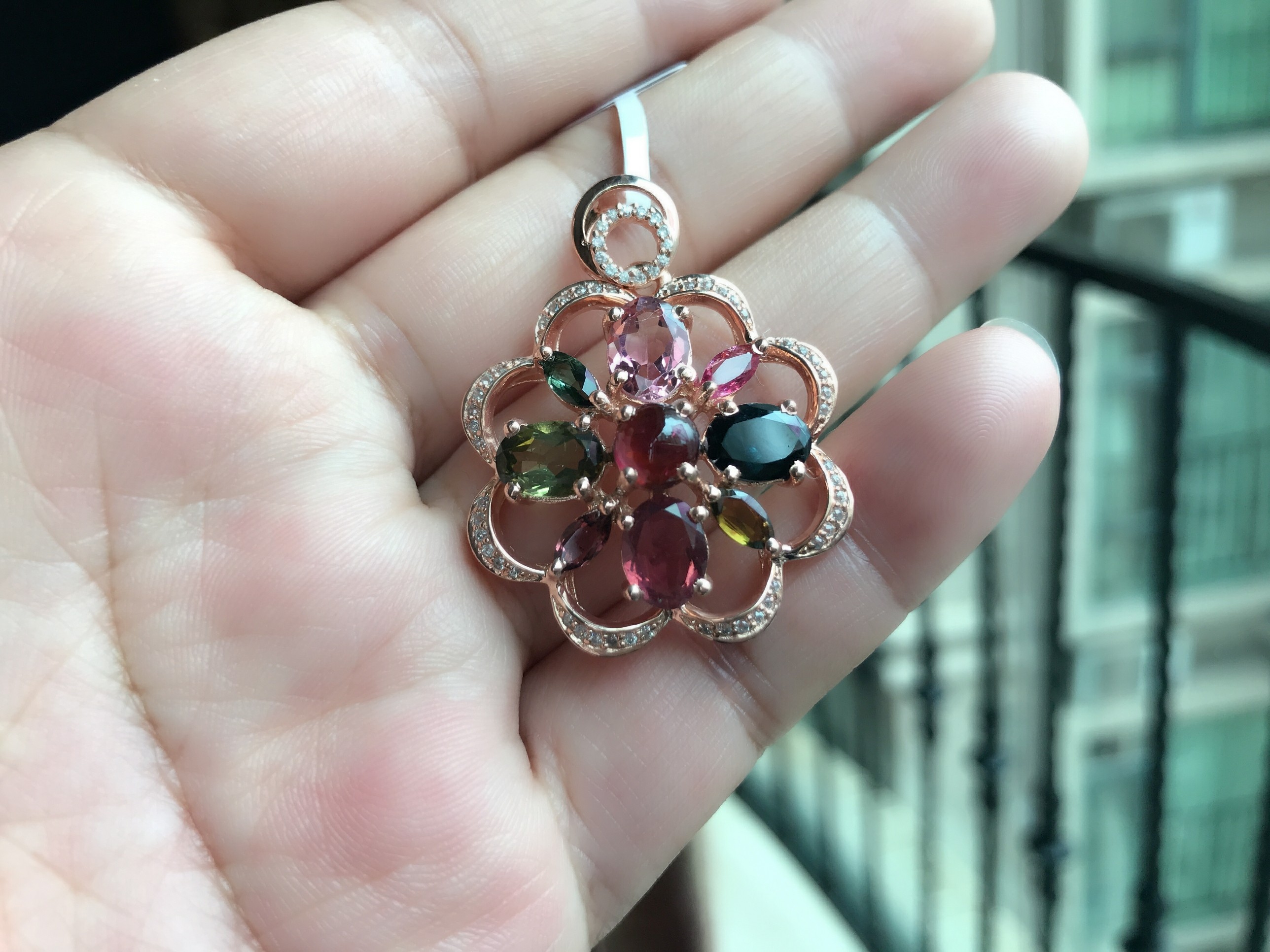 925银镀玫瑰金镶嵌1002碧玺吊坠现货甜美女全新正品防伪新款