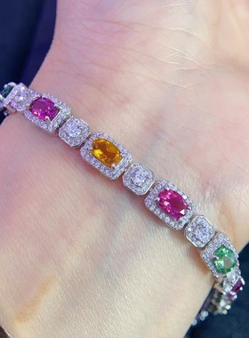 超美的七彩碧玺手链清爽糖果色火彩非常棒S925银镀金精工镶嵌