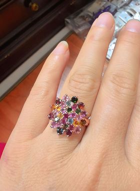 925银镀玫瑰金镶嵌天然碧玺戒指女款时尚珠宝原创设计彩色碧玺