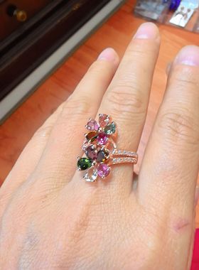 925银镀玫瑰金镶嵌天然碧玺戒指女款时尚百搭指环群镶碧玺戒指