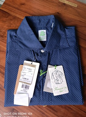 finamore 深蓝底波点全棉短袖手工衬衫 39码