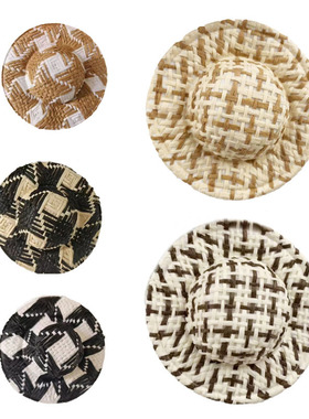 格子拼色花艺编织小草帽 仿草编帽 工艺装饰 娃娃玩具帽子DIY配件