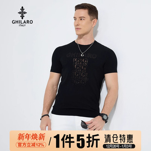 T恤7082 GHILARO 古劳吉那诺男烧花图案烫钻针织圆领薄棉短袖