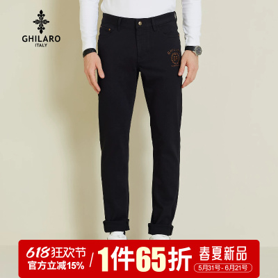 GHILARO/吉那诺时尚休闲简约原色致黑男2025秋修身刺绣牛仔裤6004