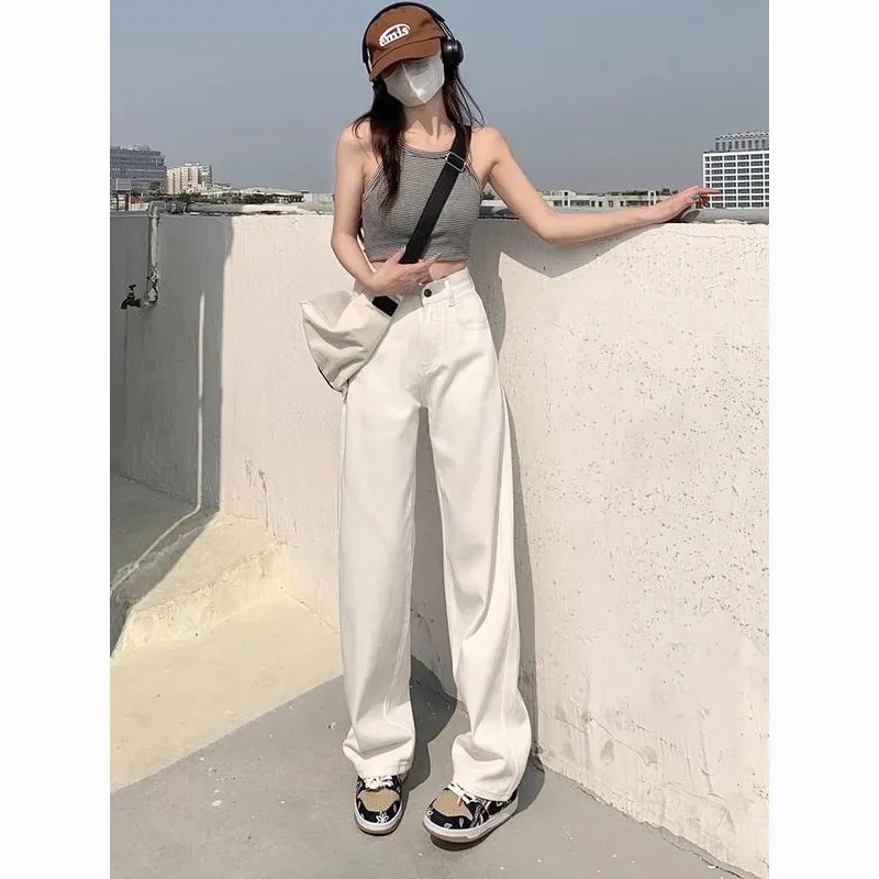 白色高腰阔腿牛仔裤女2025夏季薄款小个子气质显瘦垂感直筒窄版裤