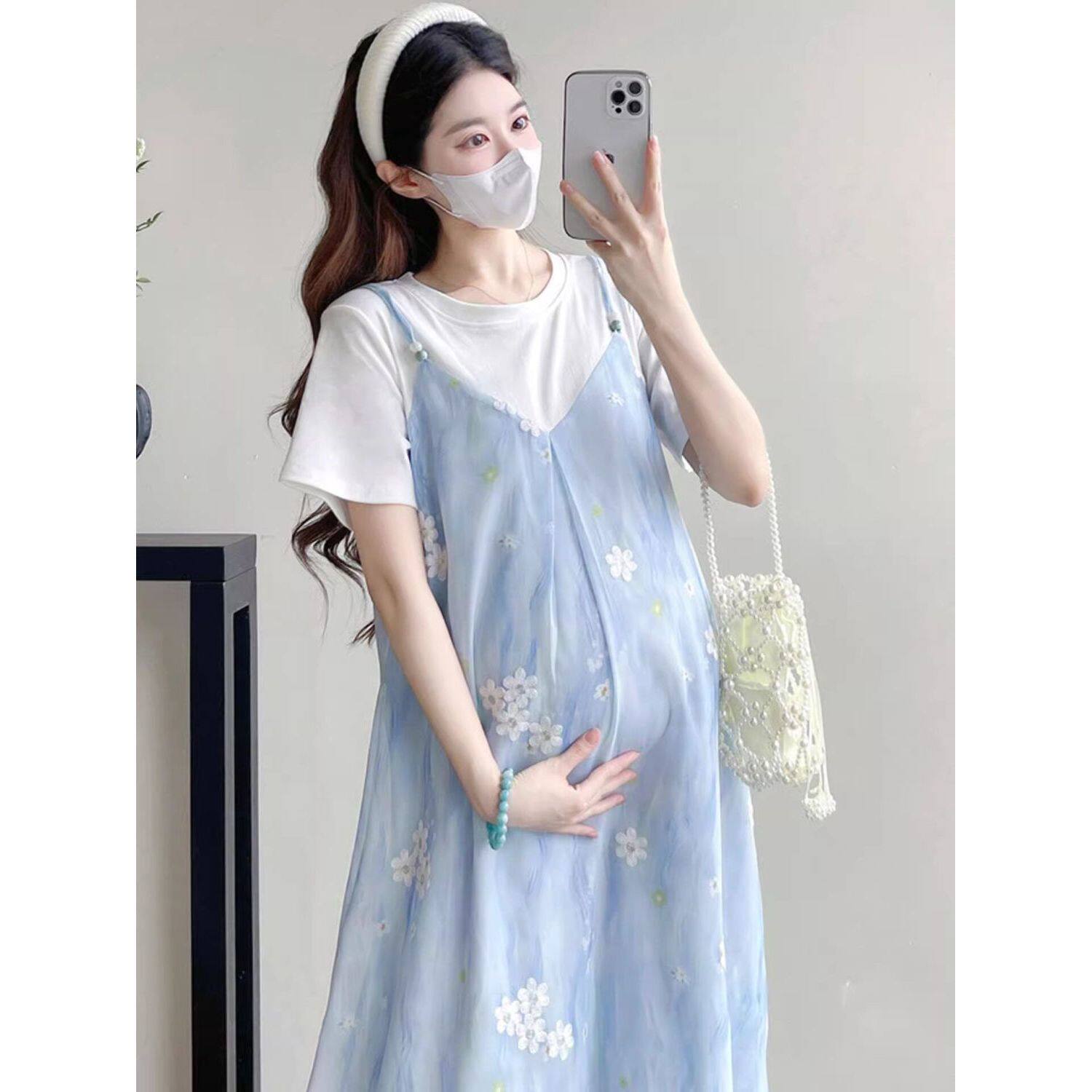 甜美洋气新款夏季孕妇连衣裙小清新减龄宽松遮肚短袖孕妇裙孕妇装