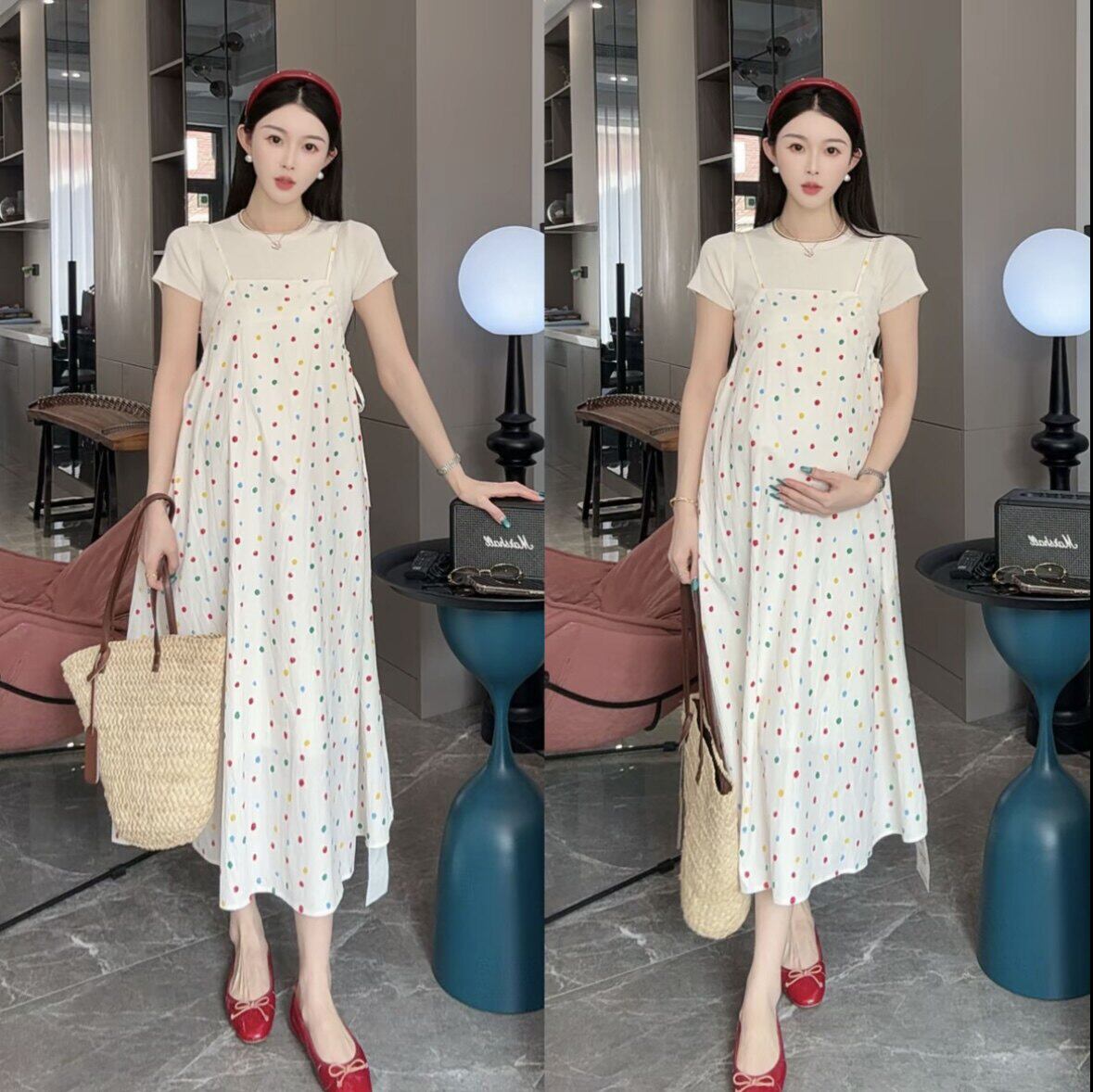 时尚孕妇装夏季洋气短袖t连衣裙宽松休闲波点吊带裙两件套装遮肚