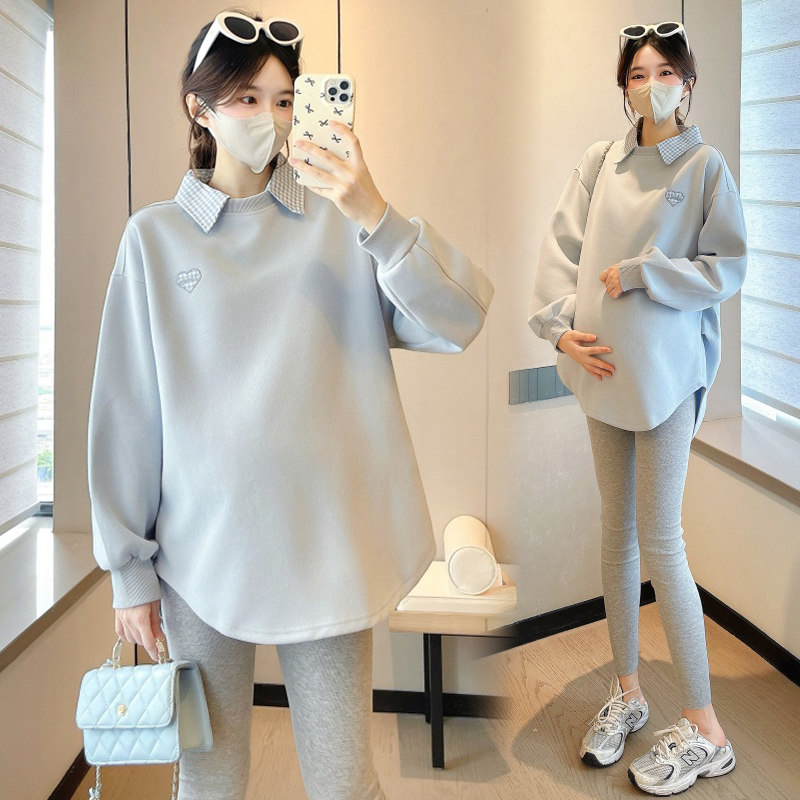 2026孕妇卫衣春秋季新款中长款时尚假两件衬衫领上衣女遮肚子减龄