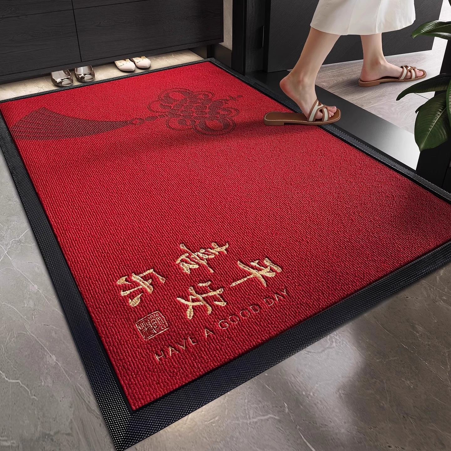 红色高级感入户门地垫别墅豪宅高端大门口进门耐脏免洗绣花脚垫