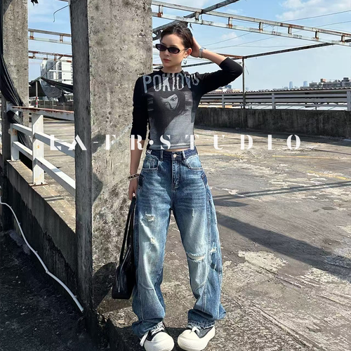 【LA Brand】秋季街头做旧大口袋假破洞设计宽松显瘦弯刀牛仔裤