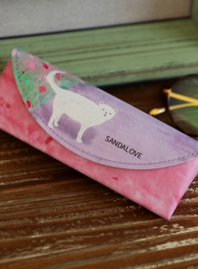 眼镜盒PU手工复古高档小猫花粉紫色近视眼镜收纳盒简约便携抗压女