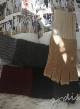 特价2024通用新款秋冬季加长异色拼接手工纯羊绒半指手套女护腕