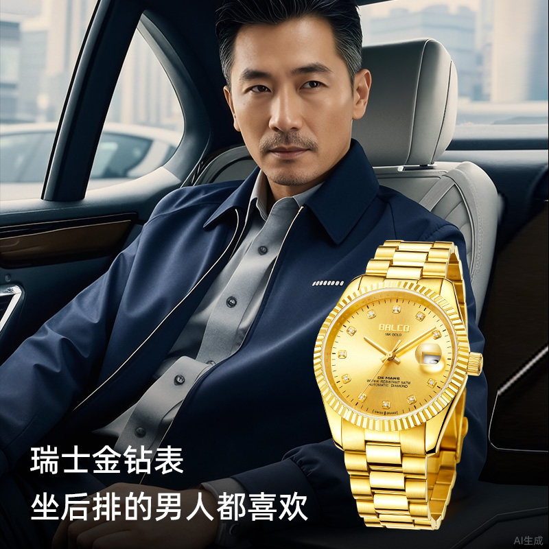 瑞士金钻表送领导24K黄金电镀真钻全自动机械表送礼套装男表腕表