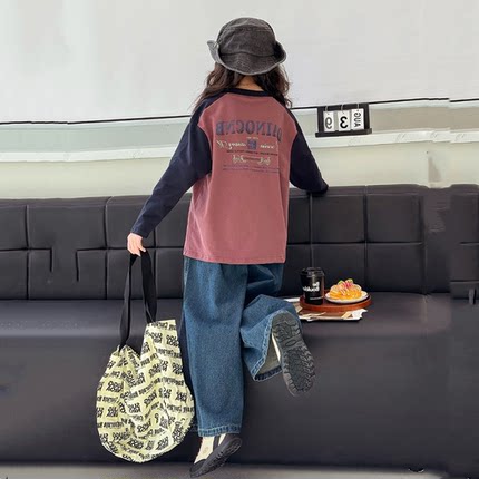 女童拼色T恤休闲春秋2024新款中大童纯棉百搭圆领卫衣外穿打底衫