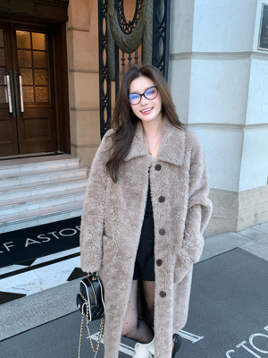 卢西西皮草100%羊毛外套女长款大衣过膝秋冬新款加厚百搭慵懒宽松