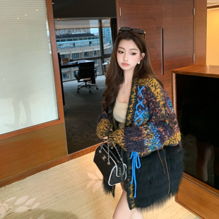 卢西西皮草真貉子毛拼接针织外套秋冬新款简约长袖毛衣开衫慵懒风