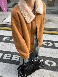 全羊毛高端麂皮绒面皮毛一体年轻皮草外套百搭翻领大衣保暖秋冬季