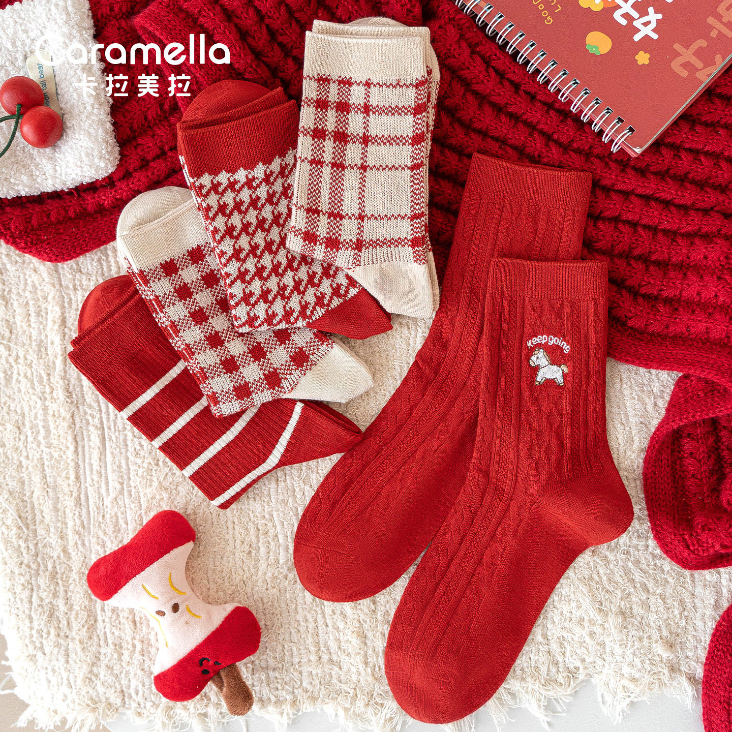 卡拉美拉红色千鸟格中筒袜女秋冬保暖加厚圣诞袜本命年新年袜袜子,女士内衣/男士内衣/家居服,中筒袜,淘宝优惠券,粉丝福利购,淘宝优惠卷