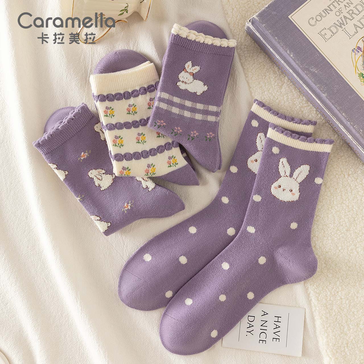 caramella可爱长袜女士袜秋冬新款袜子中筒袜保暖地板袜少女长袜