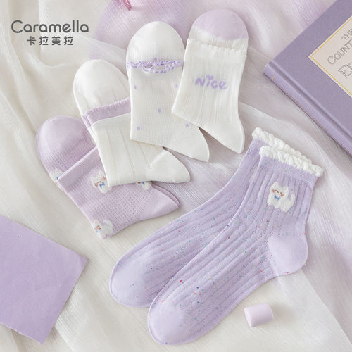 caramella春夏新品可爱袜子女生网眼透气少女卡通紫色薄款中筒袜