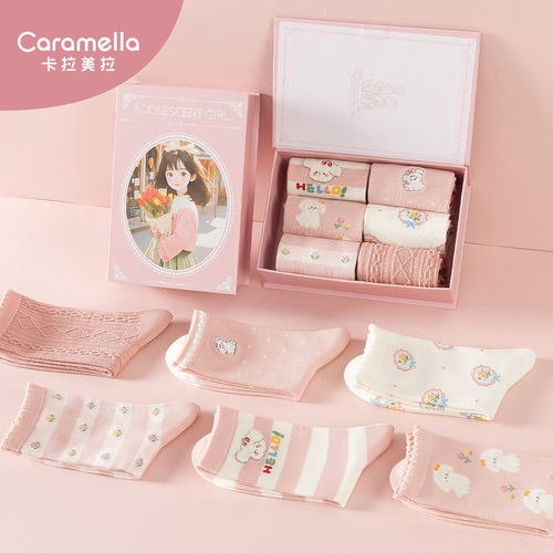 caramella袜子女中筒袜礼盒2026秋冬新款女生可爱少女袜女士棉袜