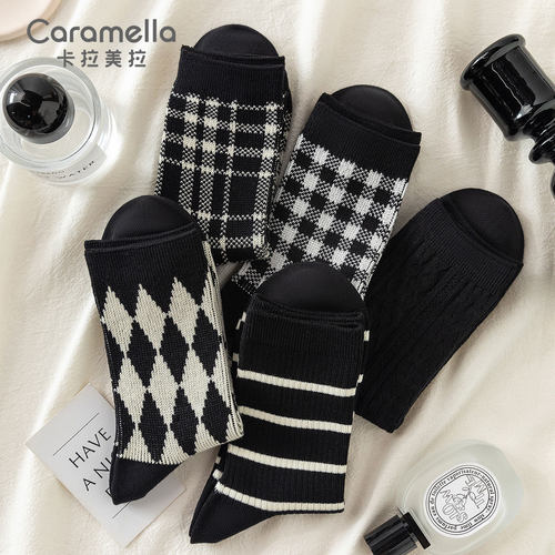caramella袜子女2026秋冬新款女士复古格纹中筒袜女生舒适女袜棉