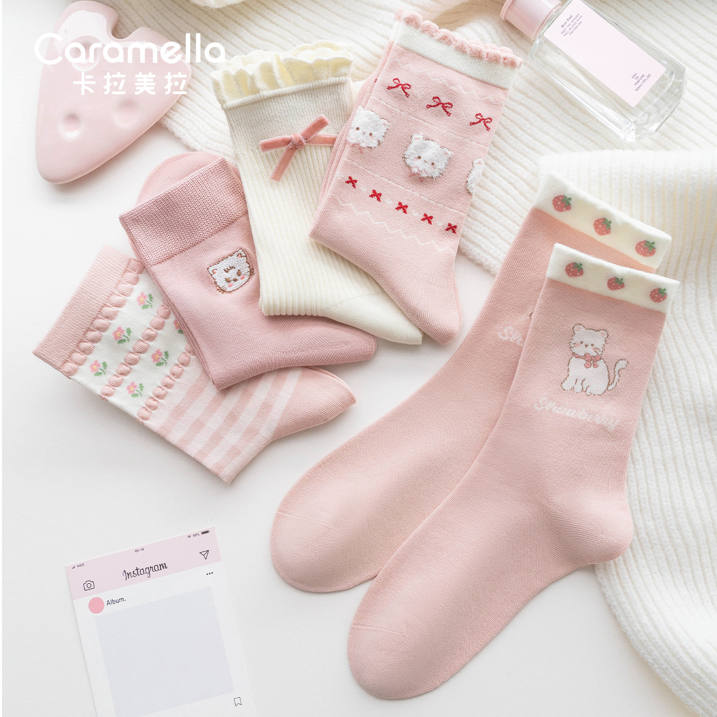 卡拉美拉2025秋冬新款少女棉袜女士可爱卡通甜美蝴蝶结女袜中筒袜