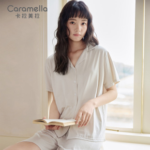 宽松蚕丝家居服基础简约可外穿 caramella睡衣女夏季 短袖 短裤 套装
