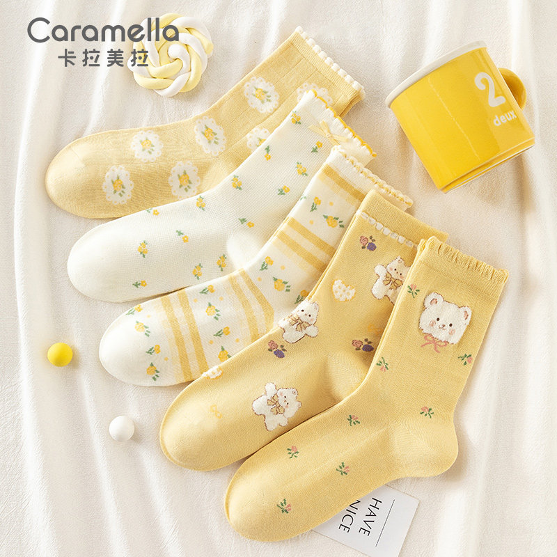 秋冬2025新款袜子女士可爱女款卡通黄色少女长袜花边中筒袜棉女袜