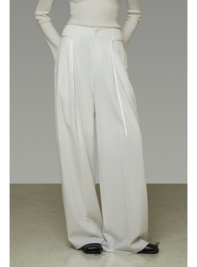 UNSPOKEN白色系带阔腿裤女2026春装新款宽松设计高腰显瘦垂感长裤