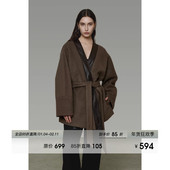 UNSPOKEN拼接V领系带毛呢外套女2025冬季 新款 收腰显瘦呢子大衣