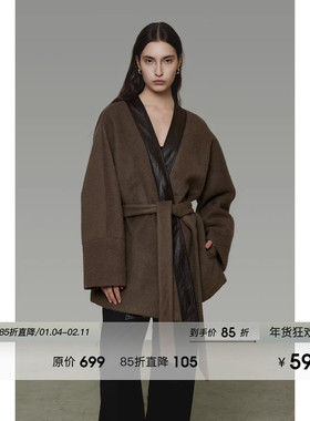 UNSPOKEN拼接V领系带毛呢外套女2025冬季新款收腰显瘦呢子大衣