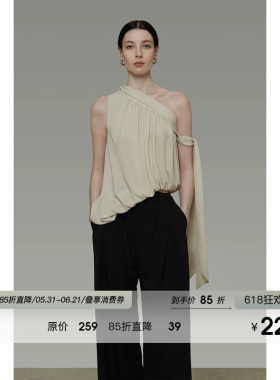UNSPOKEN法式不规则斜肩上衣女夏季无袖外穿设计感飘带背心吊带