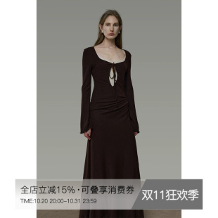 UNSPOKEN撞色假两件连衣裙设计感小众喇叭袖方领气质修身长袖长裙
