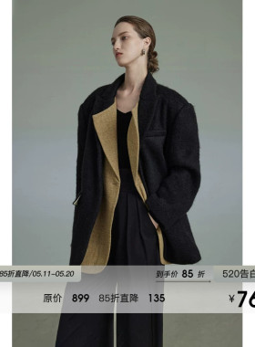 UNSPOKEN黑色加厚毛呢西装外套女冬季保暖防风高级感宽松呢子大衣